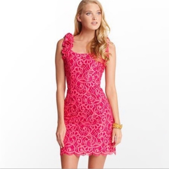 Lilly Pulitzer Dresses & Skirts - Lilly Pulitzer Mara Hot Pink About Face Two Tone‎ Scallop Lace Ruffle Dress sz 4